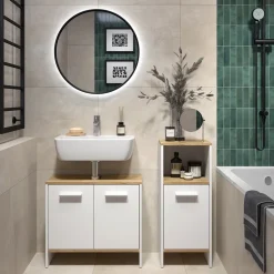 Badezimmermöbel-Set Karli Weiß/Goldkraft Eiche 2 Teile Vicco