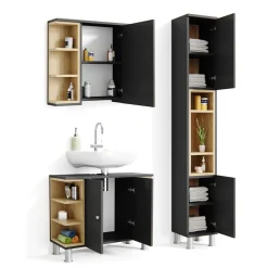 Badmöbel-Set Aquis Anthrazit 3 Teile, mit Hochschrank Vicco