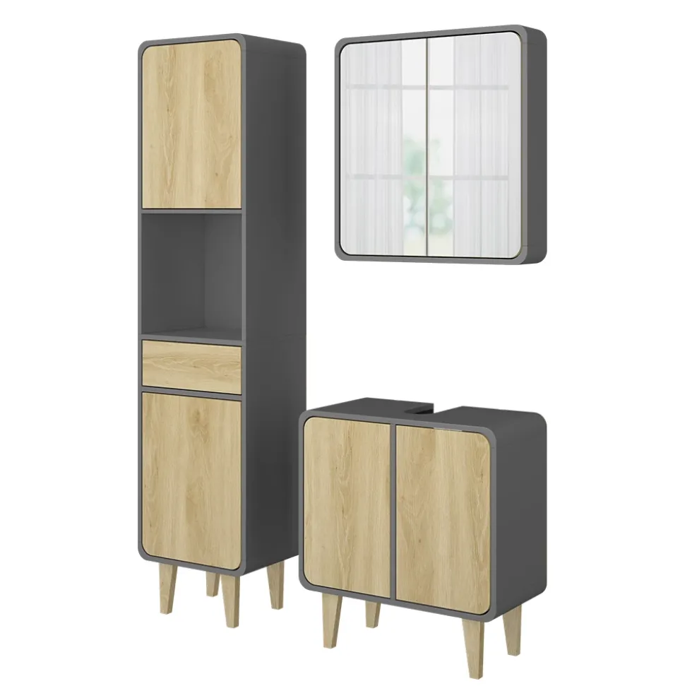 Badmöbel-Set Arla Anthrazit/Eiche 3 Teile, mit Hochschrank Vicco