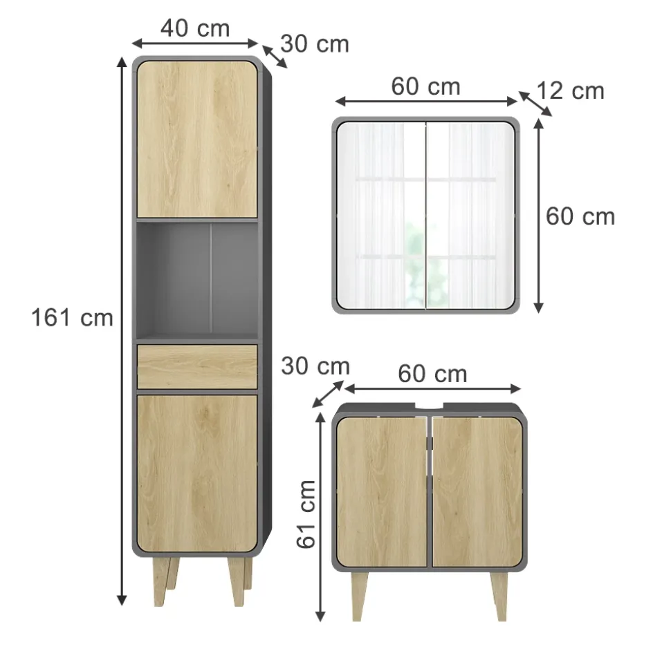 Badmöbel-Set Arla Anthrazit/Eiche 3 Teile, mit Hochschrank Vicco