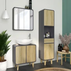 Badmöbel-Set Arla Anthrazit/Eiche 3 Teile, mit Hochschrank Vicco