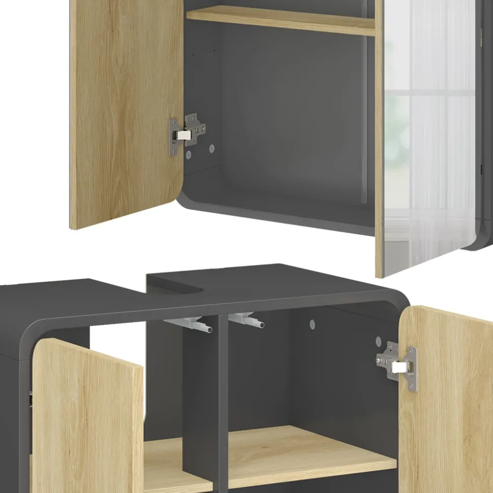 Badmöbel-Set Arla Anthrazit/Eiche 3 Teile, mit Hochschrank Vicco