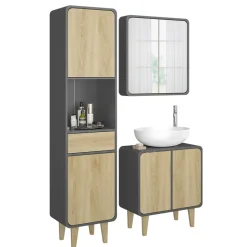 Badmöbel-Set Arla Anthrazit/Eiche 3 Teile, mit Hochschrank Vicco