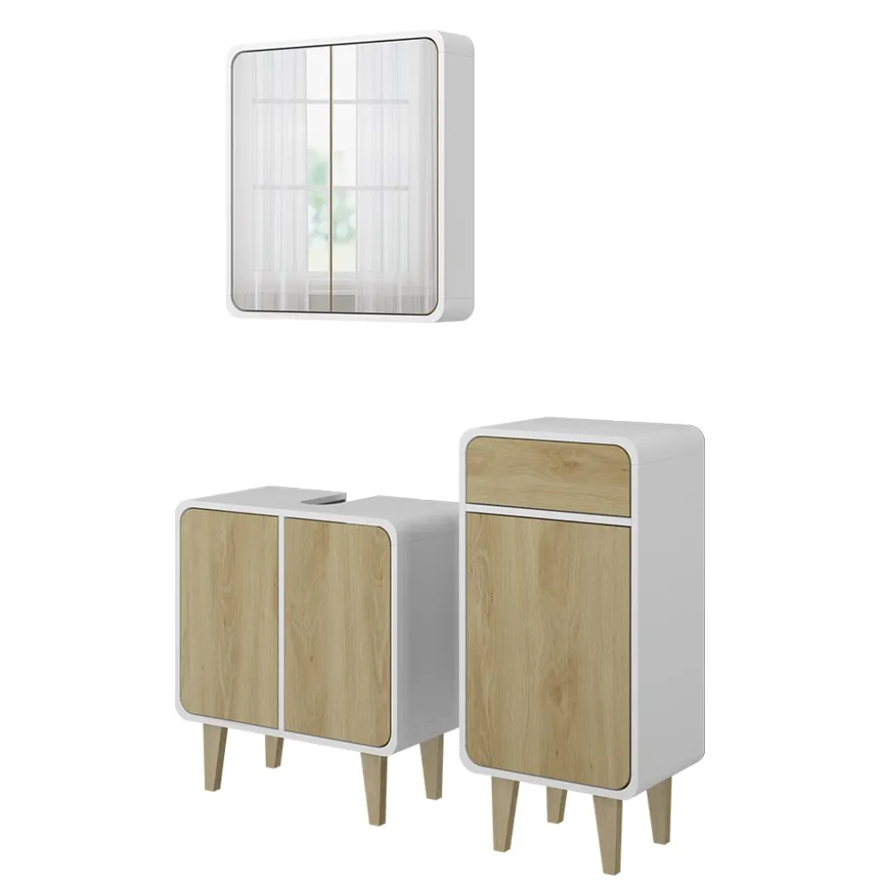 Badmöbel-Set Arla Weiß/Eiche 3 Teile, mit Midischrank Vicco