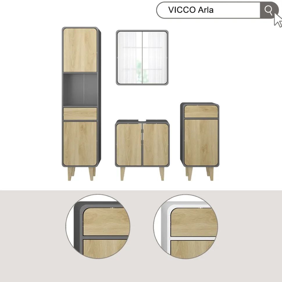 Badmöbel-Set Arla Weiß/Eiche 3 Teile, mit Midischrank Vicco