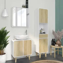 Badmöbel-Set Arla Weiß/Eiche 3 Teile, mit Hochschrank Vicco