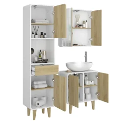 Badmöbel-Set Arla Weiß/Eiche 3 Teile, mit Hochschrank Vicco