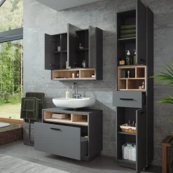 Badmöbel-Set Beatrice Anthrazit/Sonoma 3 Teile mit Hochschrank Vicco