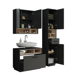 Badmöbel-Set Beatrice Anthrazit/Sonoma 3 Teile mit Hochschrank Vicco