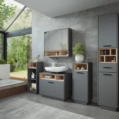 Badmöbel-Set Beatrice Anthrazit/Sonoma 3 Teile mit Hochschrank Vicco