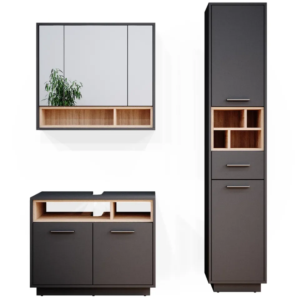 Badmöbel-Set Beatrice Anthrazit 3 Teile, mit Hochschrank Vicco