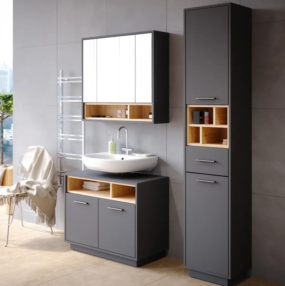 Badmöbel-Set Beatrice Anthrazit 3 Teile, mit Hochschrank Vicco