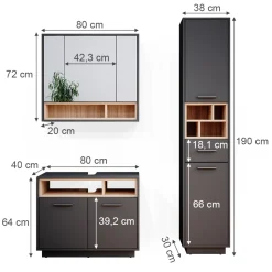 Badmöbel-Set Beatrice Anthrazit 3 Teile, mit Hochschrank Vicco
