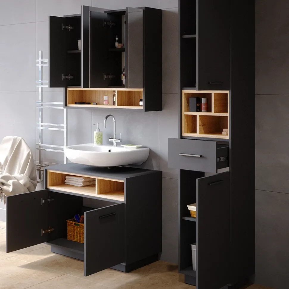 Badmöbel-Set Beatrice Anthrazit 3 Teile, mit Hochschrank Vicco