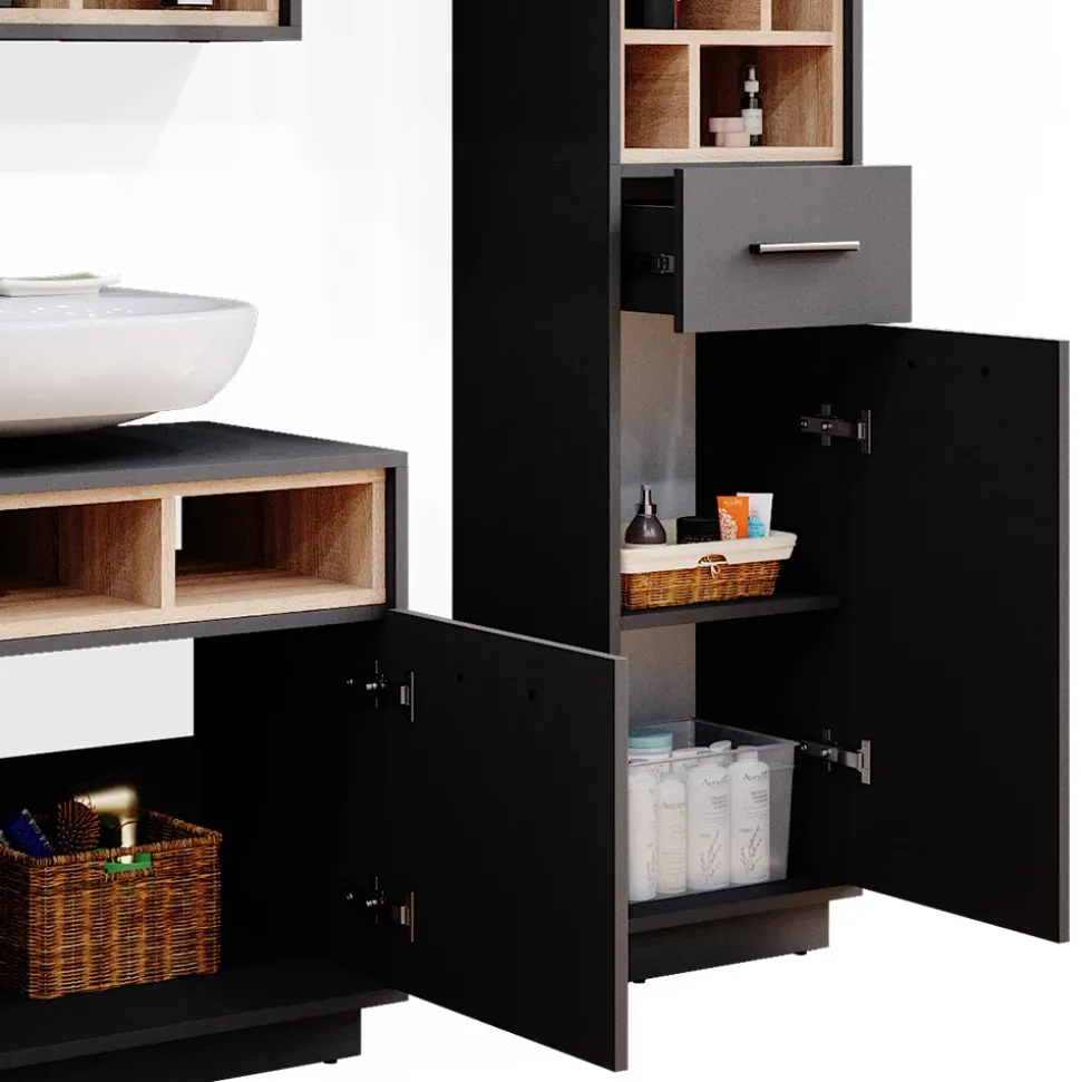 Badmöbel-Set Beatrice Anthrazit 3 Teile, mit Hochschrank Vicco