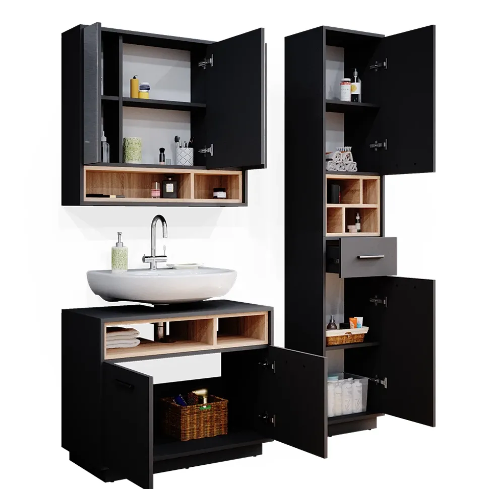 Badmöbel-Set Beatrice Anthrazit 3 Teile, mit Hochschrank Vicco