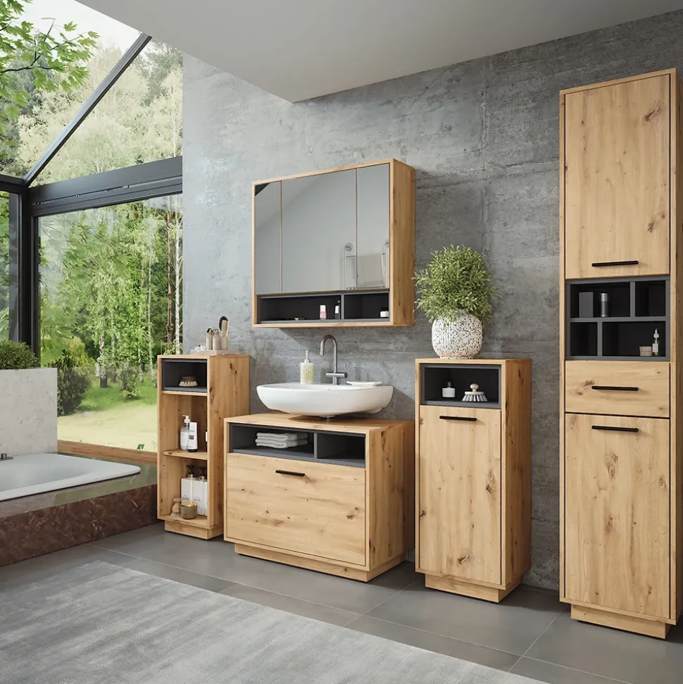 Badmöbel-Set Beatrice Artisan Eiche/Anthrazit 3 Teile mit Midischrank Vicco