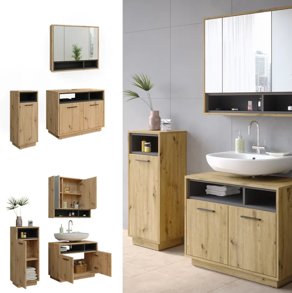 Badmöbel-Set Beatrice Artisan-Eiche 3 Teile Vicco