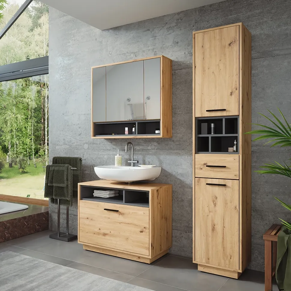 Badmöbel-Set Beatrice Artisan Eiche/Anthrazit 3 Teile mit Hochschrank Vicco