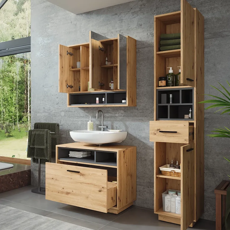 Badmöbel-Set Beatrice Artisan Eiche/Anthrazit 3 Teile mit Hochschrank Vicco