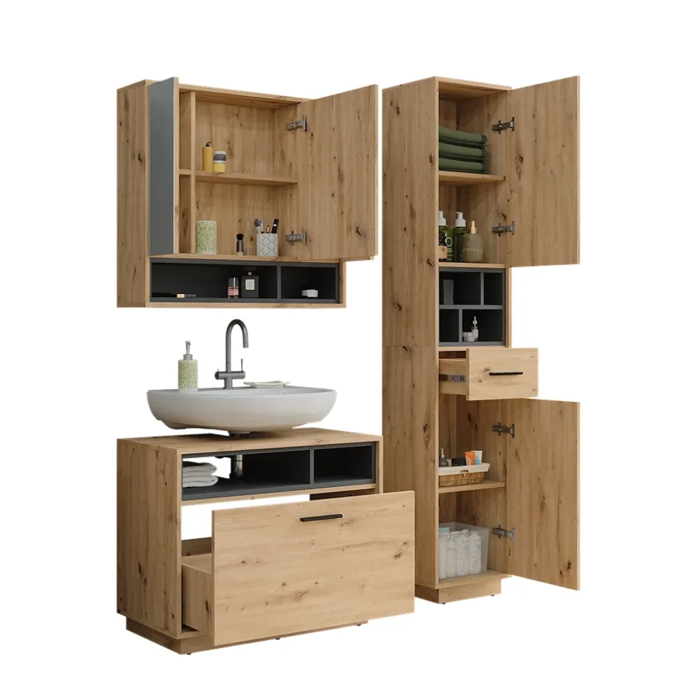 Badmöbel-Set Beatrice Artisan Eiche/Anthrazit 3 Teile mit Hochschrank Vicco