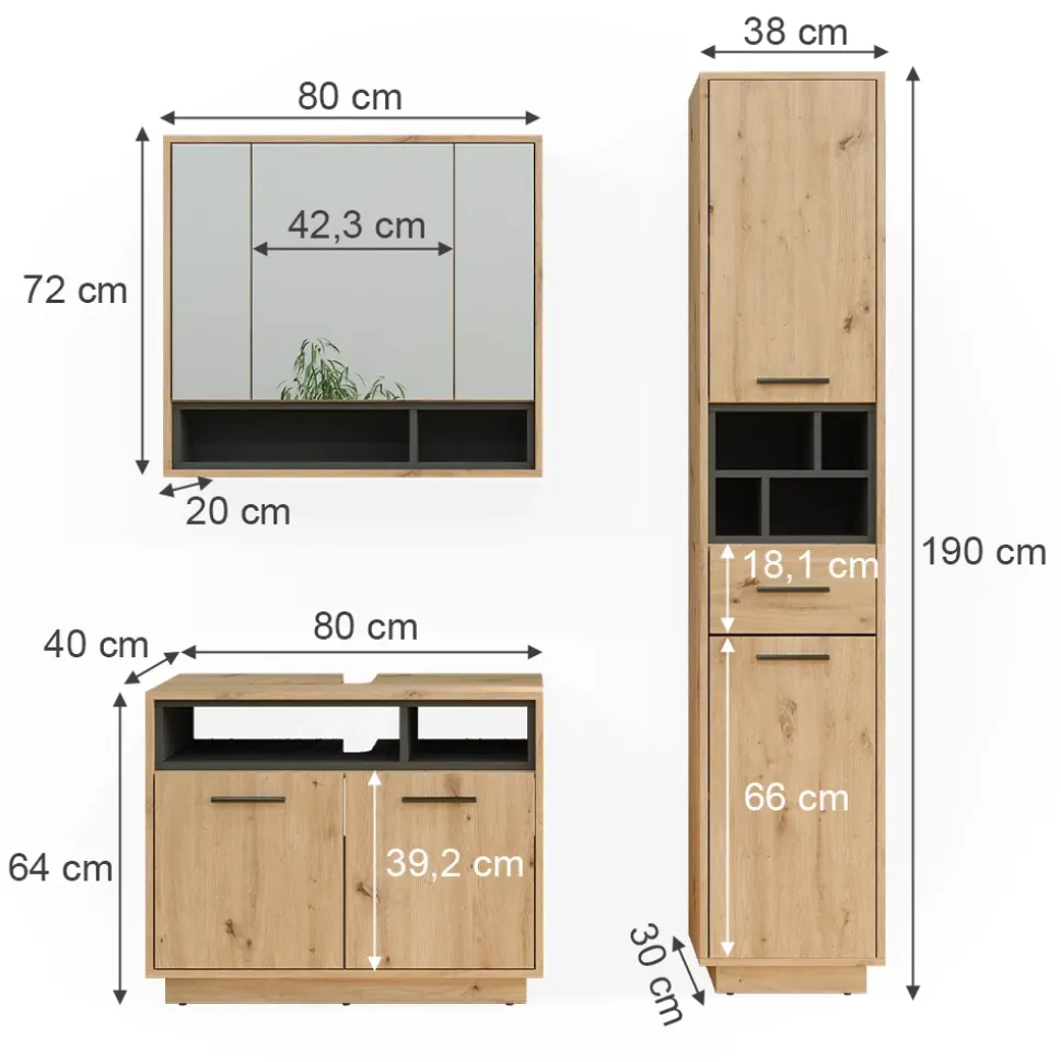 Badmöbel-Set Beatrice Artisan-Eiche 3 Teile, mit Hochschrank Vicco
