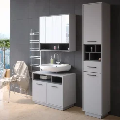 Badmöbel-Set Beatrice Grau 3 Teile, mit Hochschrank Vicco