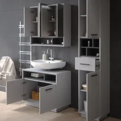 Badmöbel-Set Beatrice Grau 3 Teile, mit Hochschrank Vicco