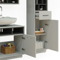 Badmöbel-Set Beatrice Grau 3 Teile, mit Hochschrank Vicco