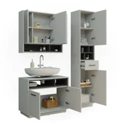 Badmöbel-Set Beatrice Grau 3 Teile, mit Hochschrank Vicco