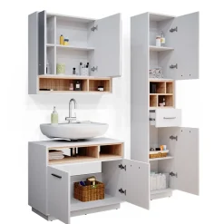 Badmöbel-Set Beatrice Weiß 3 Teile, mit Hochschrank Vicco