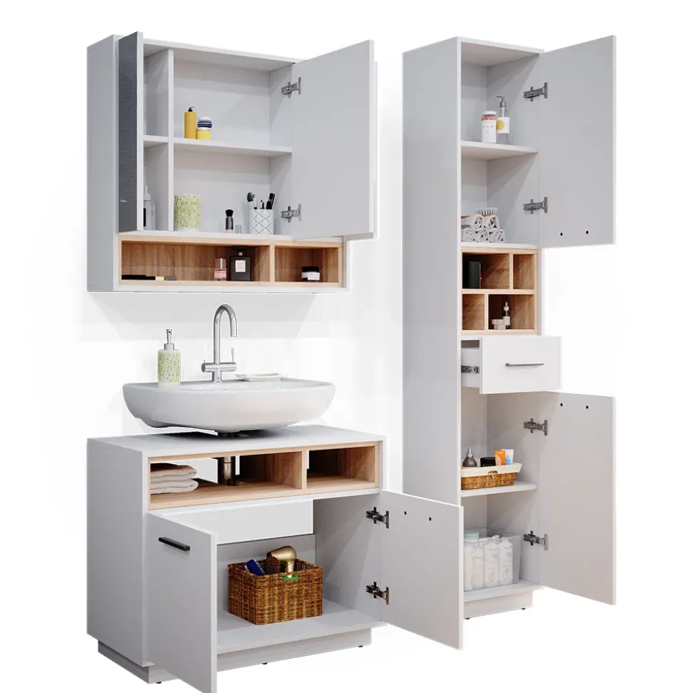 Badmöbel-Set Beatrice Weiß 3 Teile, mit Hochschrank Vicco