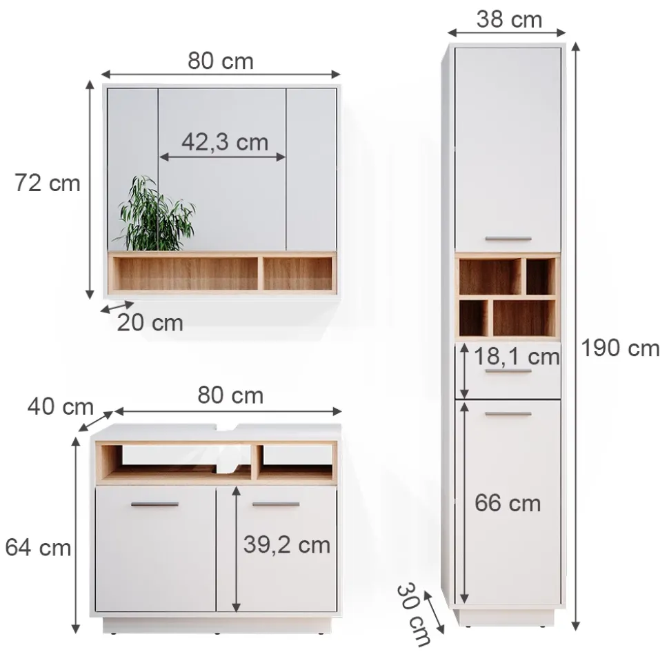 Badmöbel-Set Beatrice Weiß 3 Teile, mit Hochschrank Vicco
