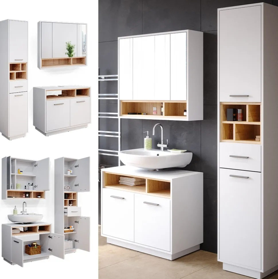 Badmöbel-Set Beatrice Weiß 3 Teile, mit Hochschrank Vicco