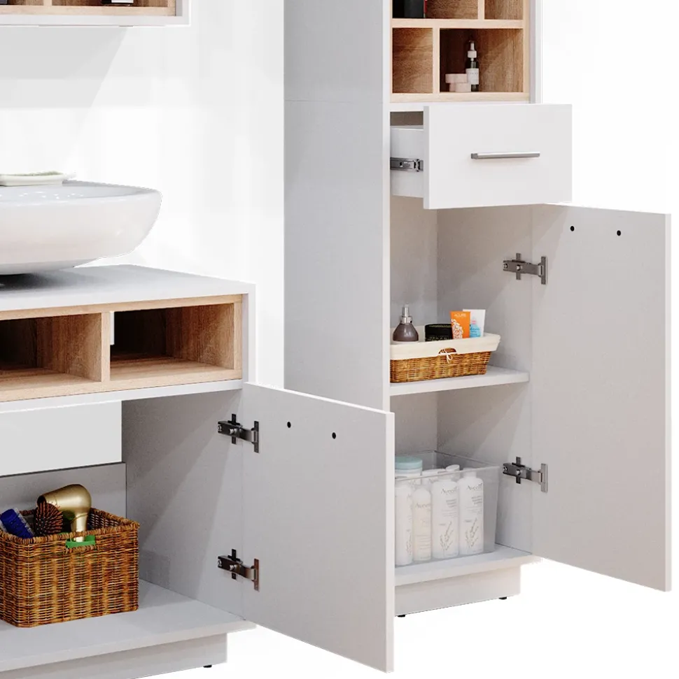 Badmöbel-Set Beatrice Weiß 3 Teile, mit Hochschrank Vicco