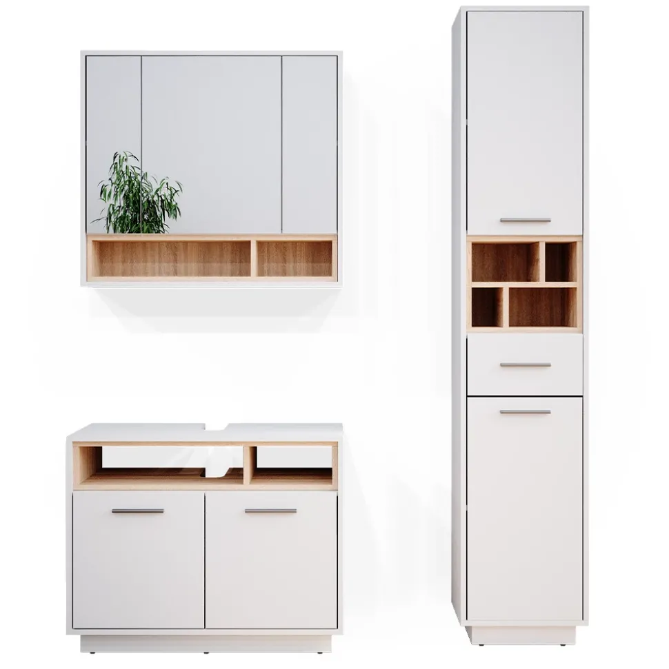 Badmöbel-Set Beatrice Weiß 3 Teile, mit Hochschrank Vicco