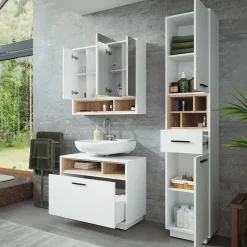 Badmöbel-Set Beatrice Weiß/Sonoma 3 Teile mit Hochschrank Vicco