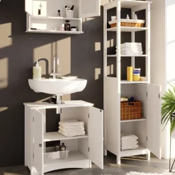 Badmöbel-Set Bianco Weiß 3 Teile, mit Hochschrank Vicco