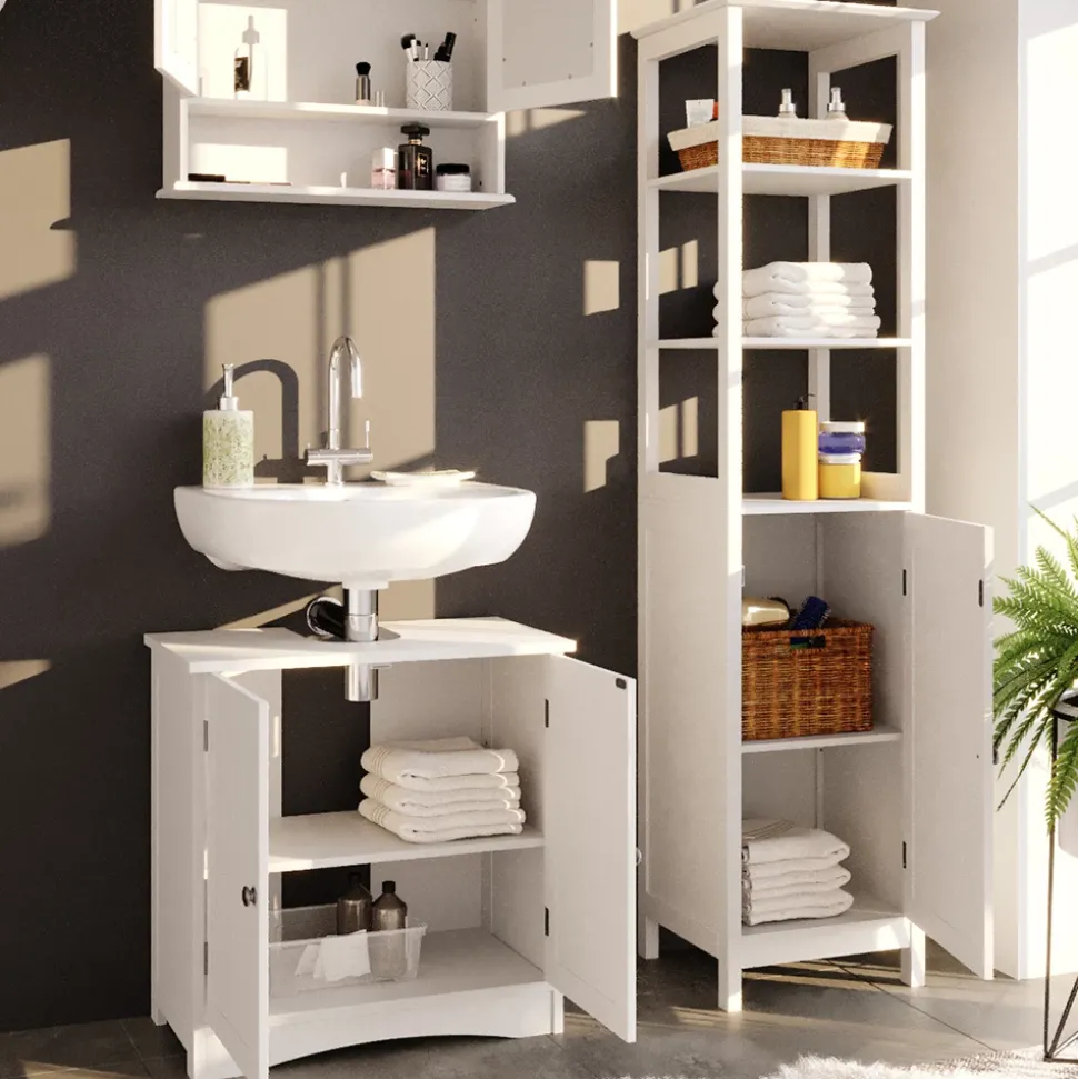 Badmöbel-Set Bianco Weiß 3 Teile, mit Hochschrank Vicco