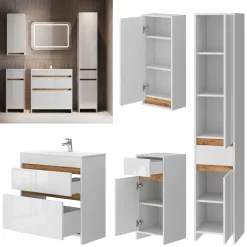 Badmöbel-Set Detmold Weiß Hochglanz/Goldkraft Eiche 5er-Set Vicco