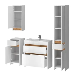 Badmöbel-Set Detmold Weiß Hochglanz/Goldkraft Eiche 5er-Set Vicco