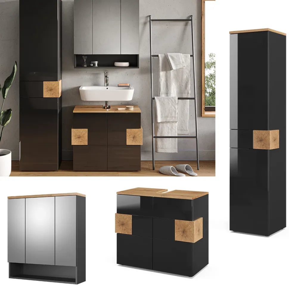 Badmöbel-Set Eden Anthrazit 3 Teile, mit Hochschrank Vicco