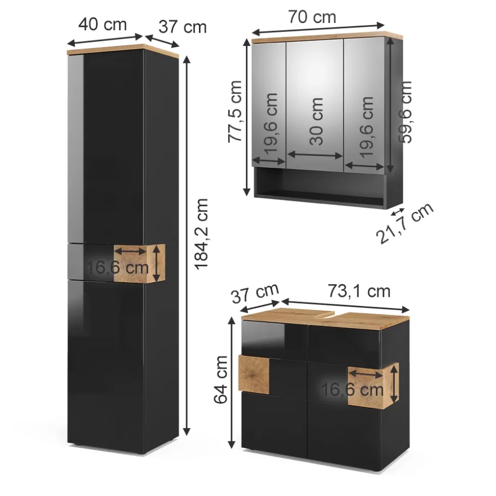 Badmöbel-Set Eden Anthrazit 3 Teile, mit Hochschrank Vicco