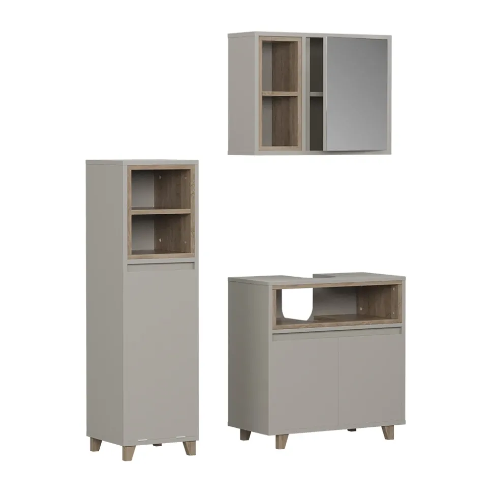 Badmöbel-Set Elnor Greige 3 Teile mit Midischrank Vicco