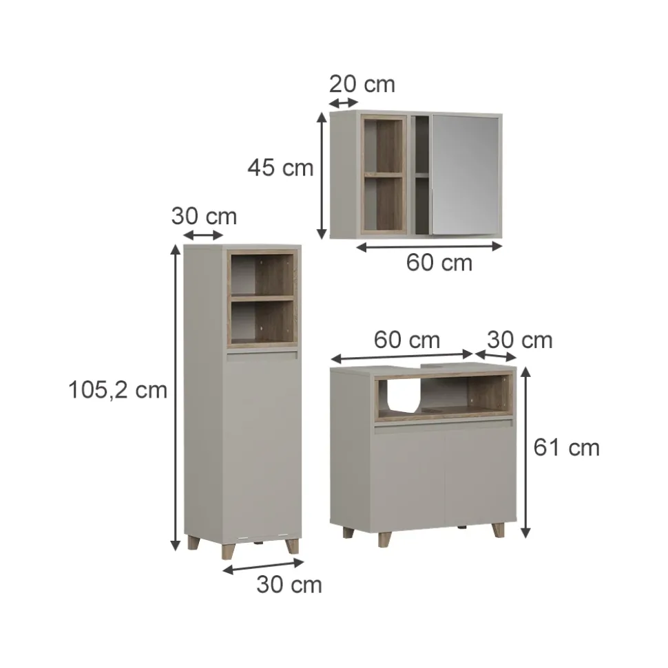 Badmöbel-Set Elnor Greige 3 Teile mit Midischrank Vicco