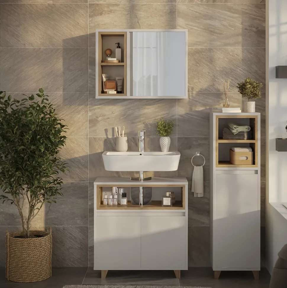 Badmöbel-Set Elnor Greige 3 Teile mit Midischrank Vicco