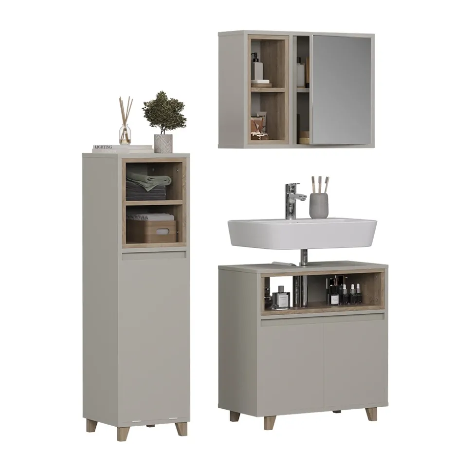 Badmöbel-Set Elnor Greige 3 Teile mit Midischrank Vicco