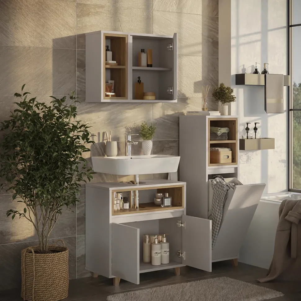 Badmöbel-Set Elnor Greige 3 Teile mit Midischrank Vicco