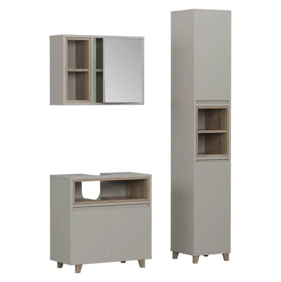 Badmöbel-Set Elnor Greige 3 Teile mit Hochschrank Vicco