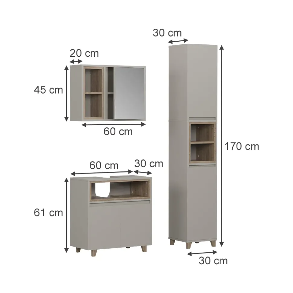 Badmöbel-Set Elnor Greige 3 Teile mit Hochschrank Vicco